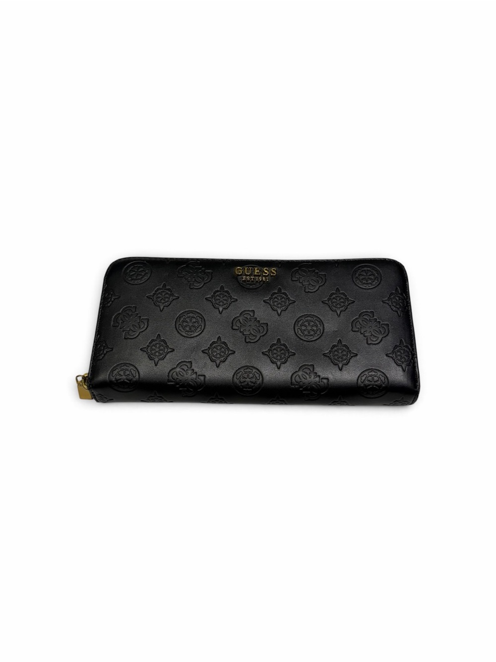 Guess Black Embossed Zip Around Wallet Gold Hardware Multi‑Compartment